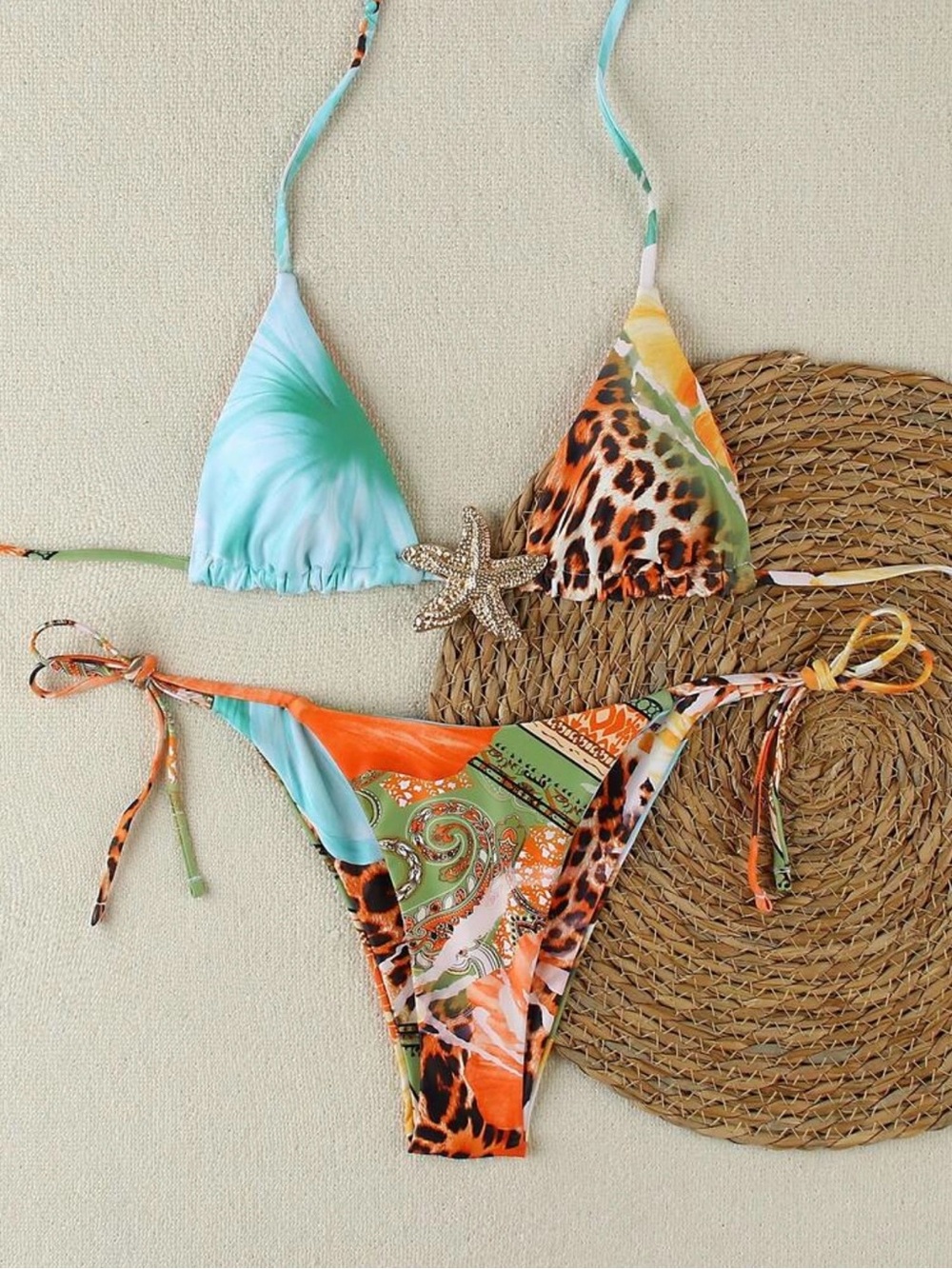 SHEIN Multicolor Animal Print & Aqua Tie-Side Bikini